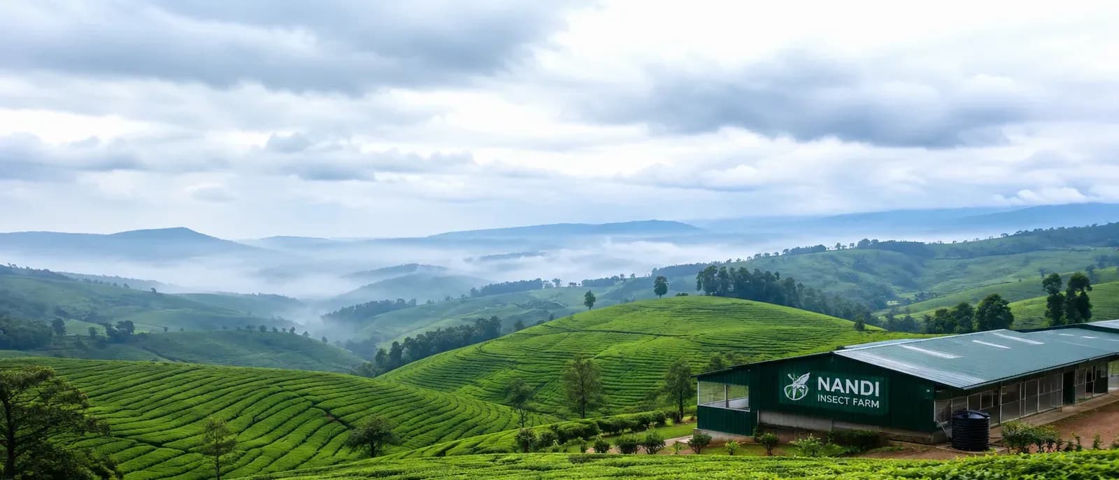Rolling green tea-covered hills in the Nandi highlands of Kenya, with a small insect farm building on the ridge, the same lush green habitat that gives Sinonin its name.