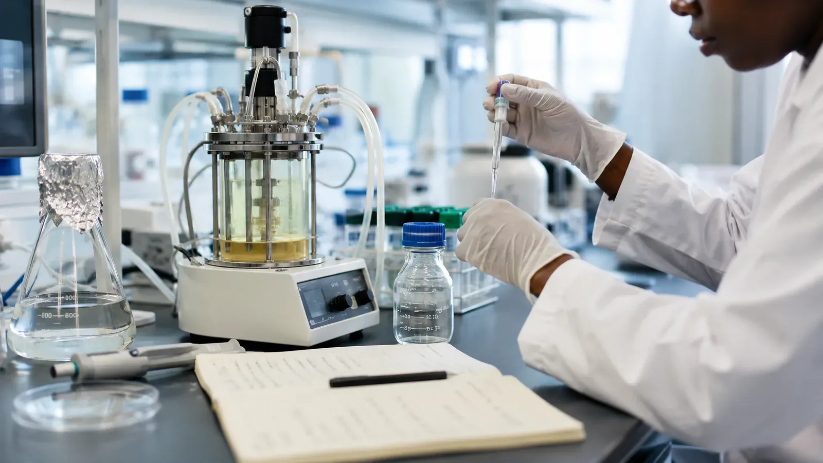 A laboratory bioreactor with pH and air-flow controls, used in industrial enzyme production.