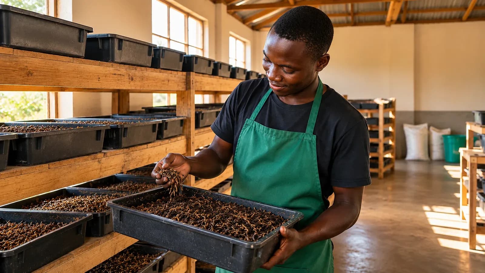 Interior of a small-scale African insect farm: rows of trays with black soldier fly larvae, a farm worker inspecting a tray in warm morning light.