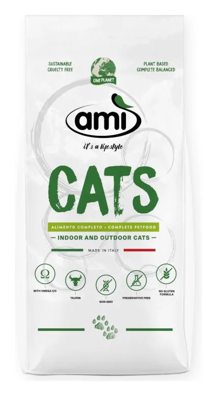 A white bag of ami CATS One Planet complete plant-based dry cat food, made in Italy.