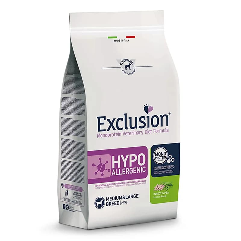 A white and grey bag of Exclusion Hypoallergenic Insect & Pea veterinary diet food for medium and large breed dogs.