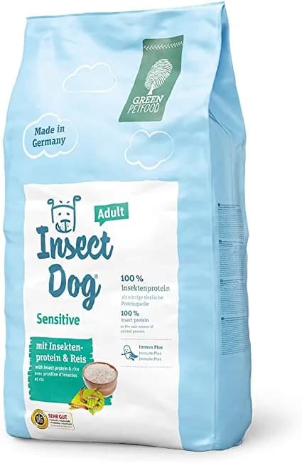 A pale blue bag of Green Petfood InsectDog Sensitive, labelled as 100% insect protein with rice.