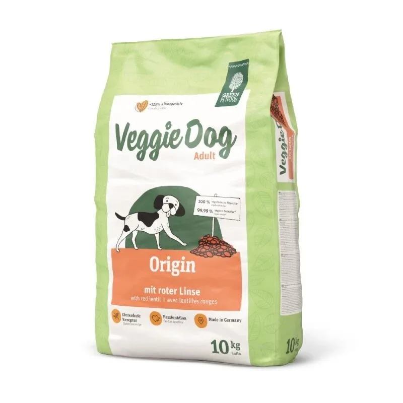 A green and white 10kg bag of Green Petfood VeggieDog Origin adult dry dog food with red lentil.