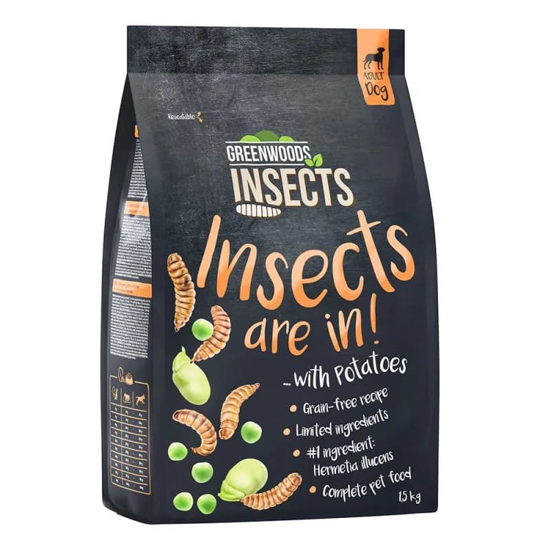 A black 1.5kg bag of Greenwoods Insects grain-free dog food, illustrated with black soldier fly larvae and peas.