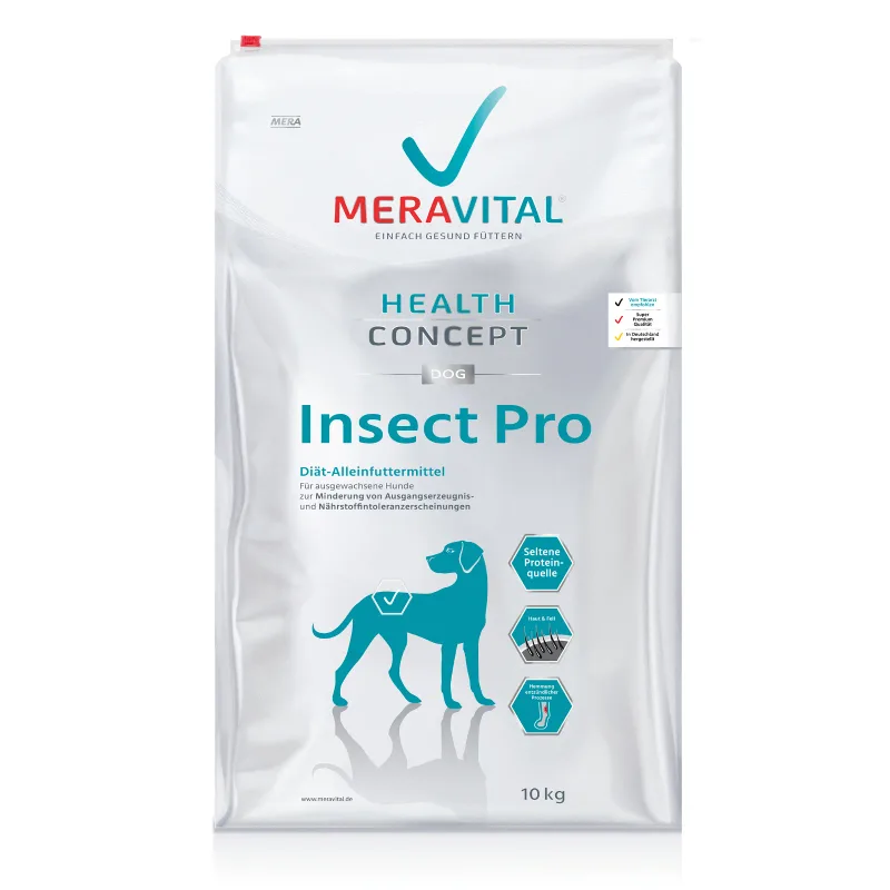 A white 10kg bag of MERAVITAL Insect Pro dietary dry dog food, marked as a rare protein source.
