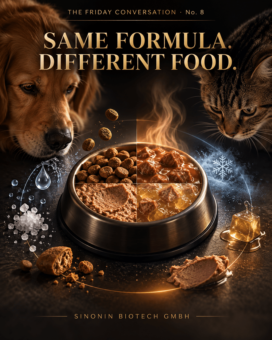 Same Formula. Different Food. The Physics of Petfood Palatability. The Friday Conversation No. 8. A four-quadrant pet food bowl showing dry kibble, chunks in gravy, pâté and chunks in jelly, flanked by a dog and a cat, with steam, frost, and salt suggesting temperature, moisture and the physical state of the food.