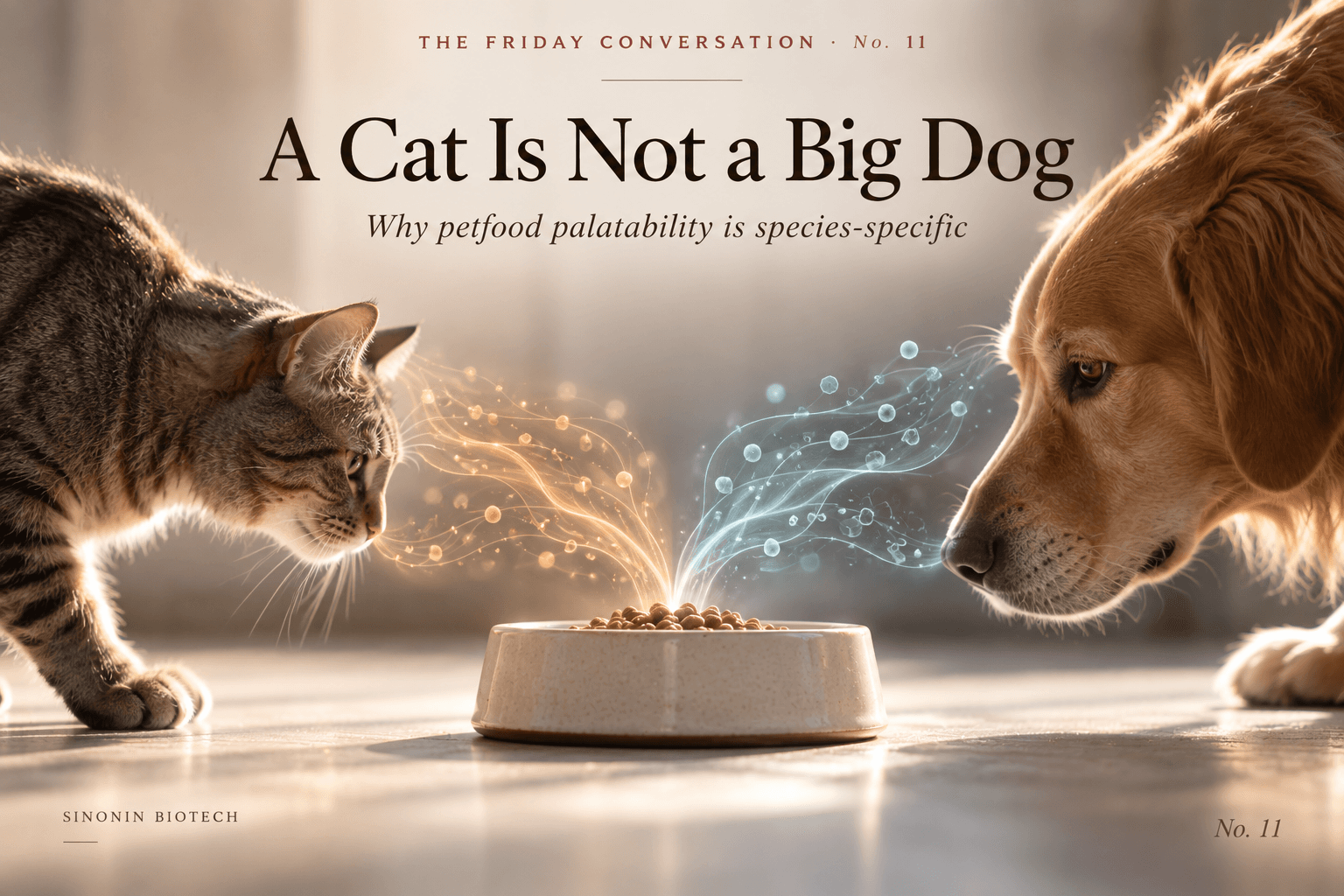 A Cat Is Not a Big Dog. The Friday Conversation No. 11. A cat and a dog facing a single food bowl, with two different streams of aroma and taste signals rising from it toward each animal.