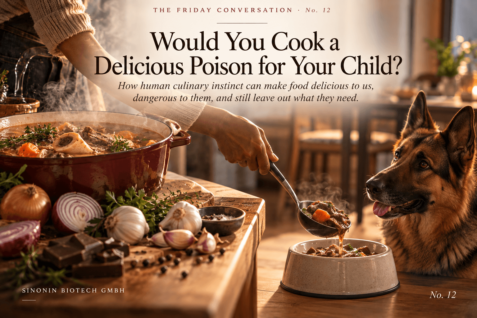 Would You Cook a Delicious Poison for Your Child? The Friday Conversation No. 12. A home cook ladling a rich stew into a German Shepherd's bowl, with onions, garlic and chocolate on the cutting board.