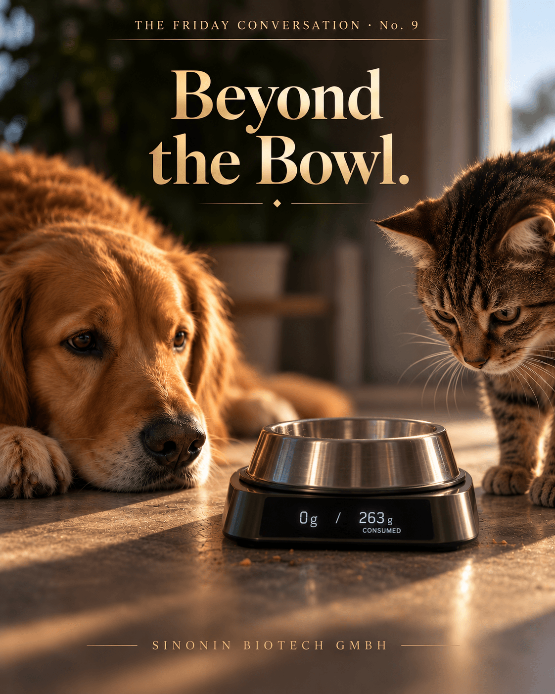 Beyond the Bowl, The Friday Conversation No. 9. An empty pet bowl on a digital scale reading zero grams, 263 grams consumed, with a dog and a cat regarding it.