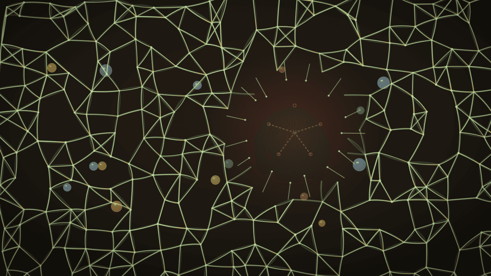 Illustration of a plant-protein network with one strand missing at its centre, holding water and fat weakly