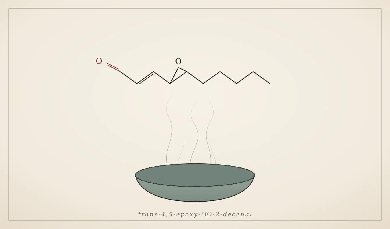 An editorial illustration: aroma rising from a bowl resolving into the skeletal structure of the molecule trans-4,5-epoxy-(E)-2-decenal.
