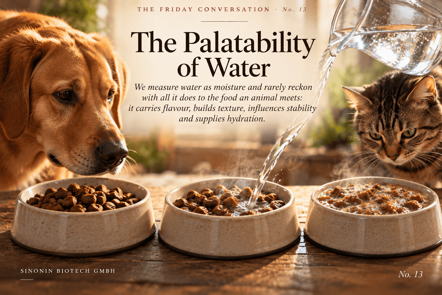The Palatability of Water. The Friday Conversation No. 13. A dog and a cat at a wooden table as water is poured into the middle of three bowls of food, shown dry, lightly moistened and fully soaked.