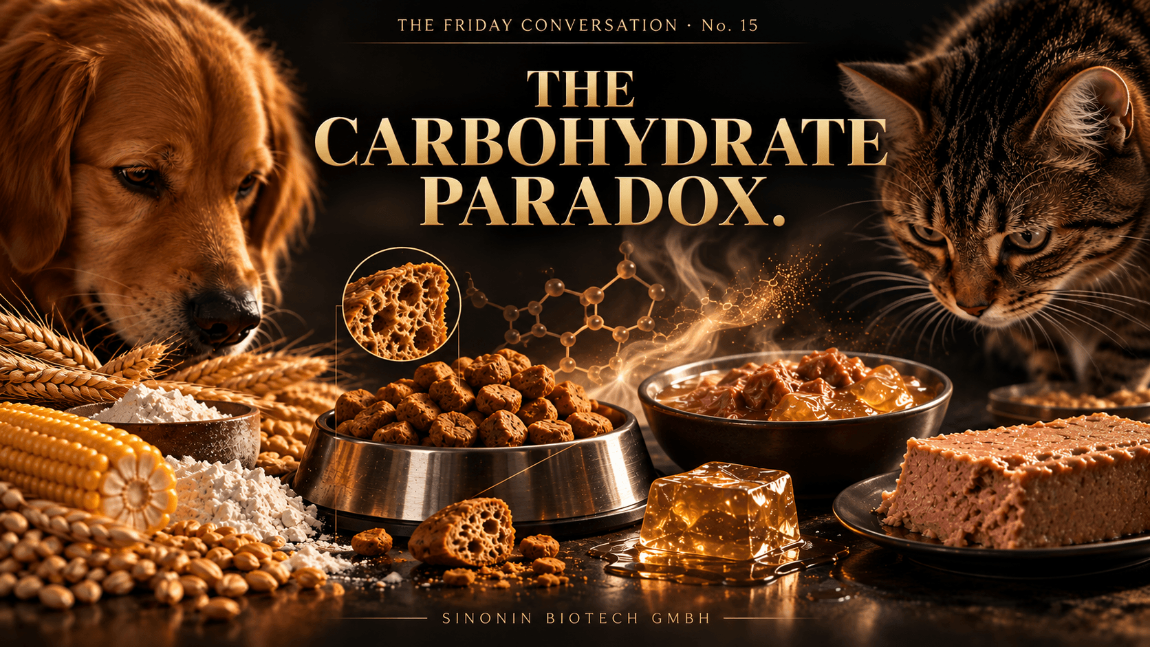The Carbohydrate Paradox. The Friday Conversation No. 15. A dog and a cat framing three petfood formats, a fractured dry kibble showing its porous interior, a glossy amber gel and gravy chunk, and a pate slab, with wheat, corn and flour at the side and a golden molecular thread rising between them.