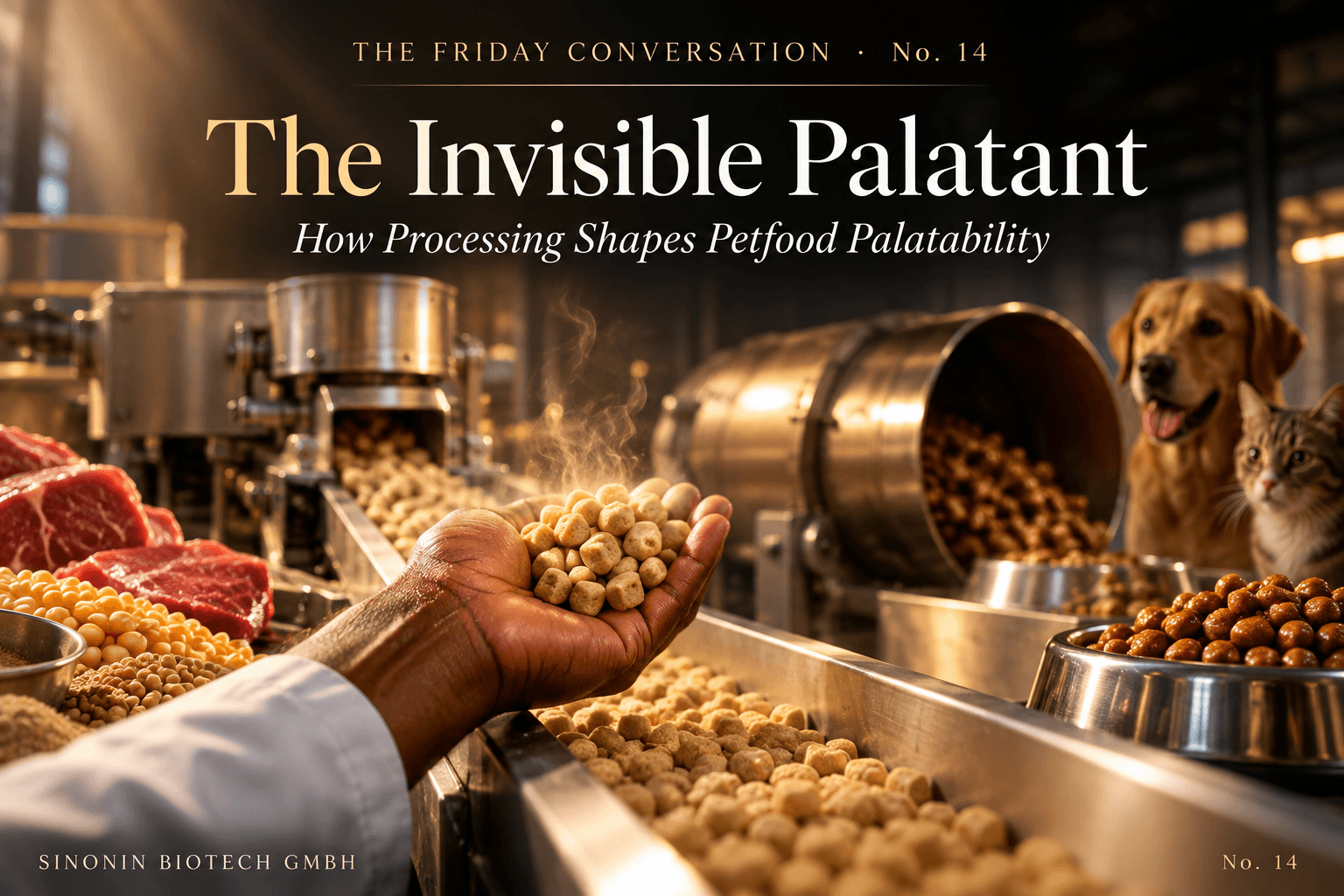 The Invisible Palatant. The Friday Conversation No. 14. A hand holds a handful of warm, uncoated kibble on a petfood production line, with raw meat and pulses, an extruder and a coating drum behind, finished food in a bowl, and a dog and cat watching.